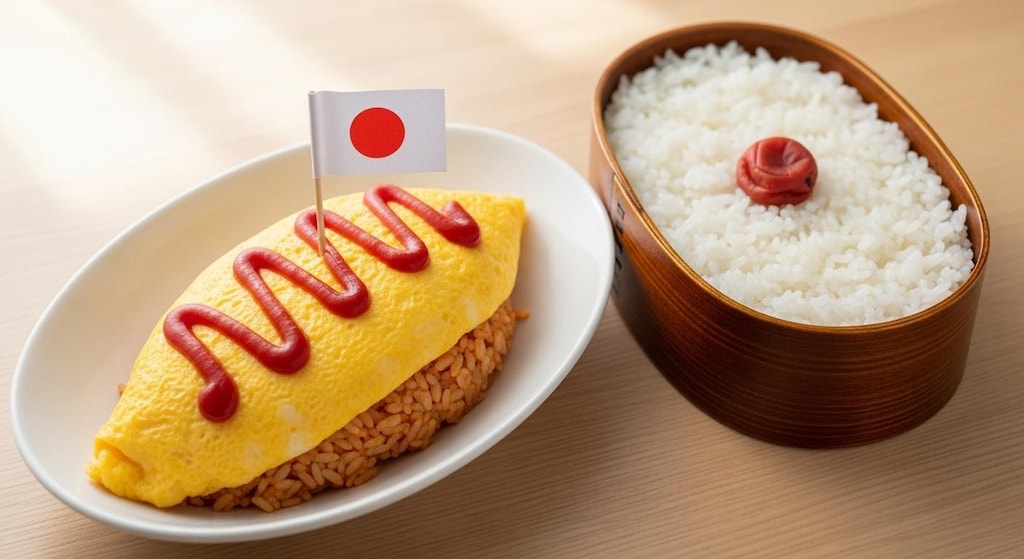 摩訶不思議食堂のオムライスと日の丸弁当