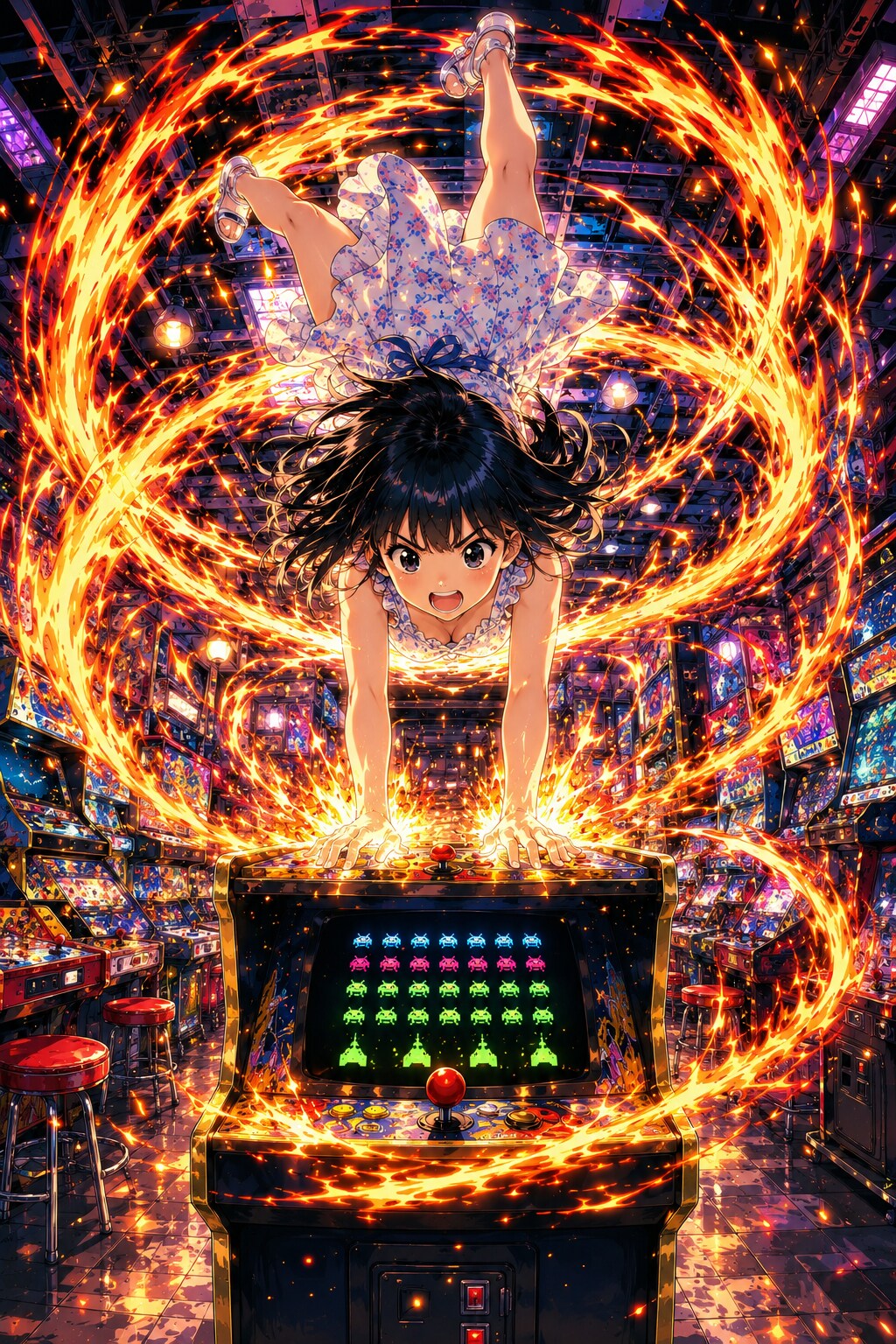 インベーダーゲームで遊ぶ女の子