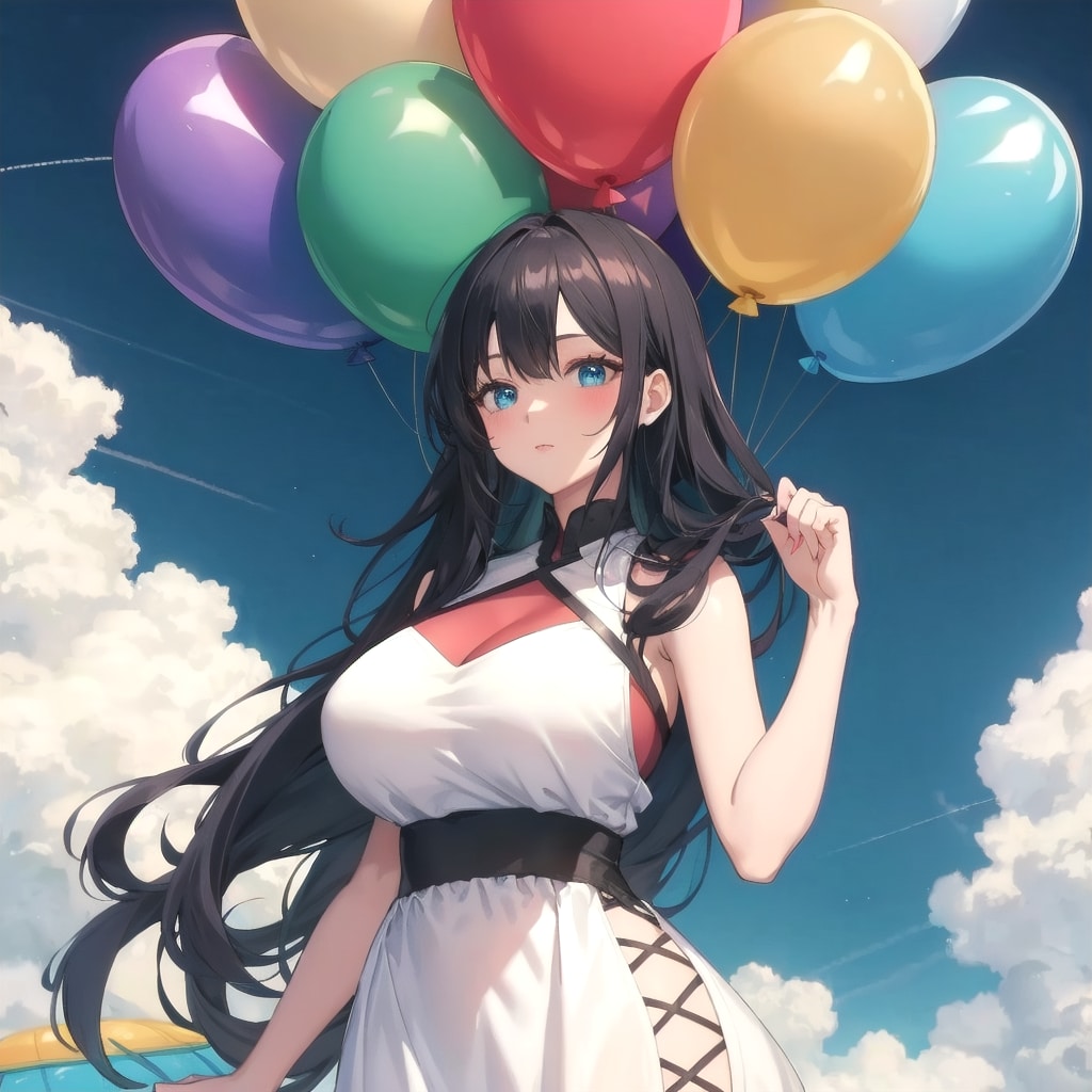 いっぱい色とりどりの風船を持つ黒髪ロングの白いドレス着た美女