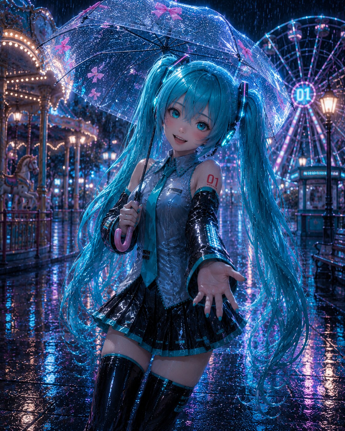 雨の情景　夜の遊園地