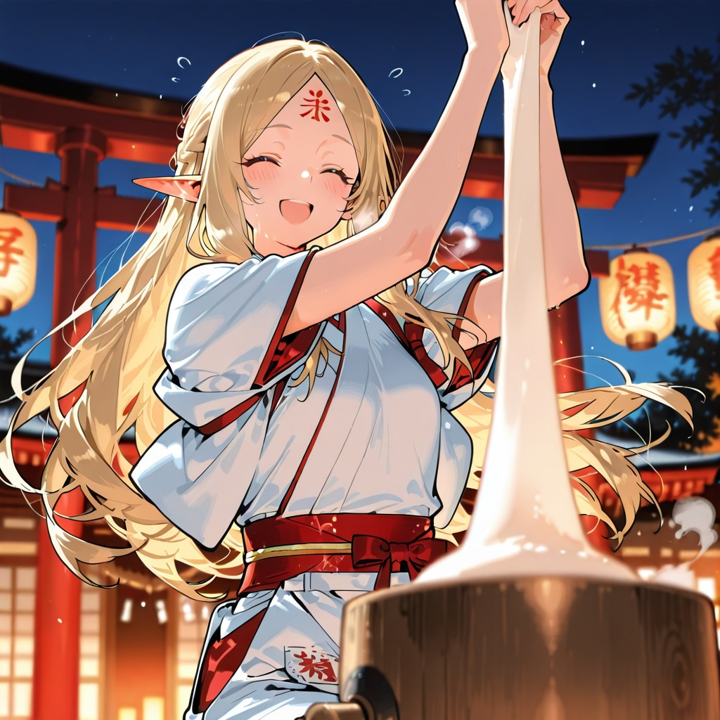 餅つき？をしているエルフの女の子 | の人気AIイラスト・グラビア