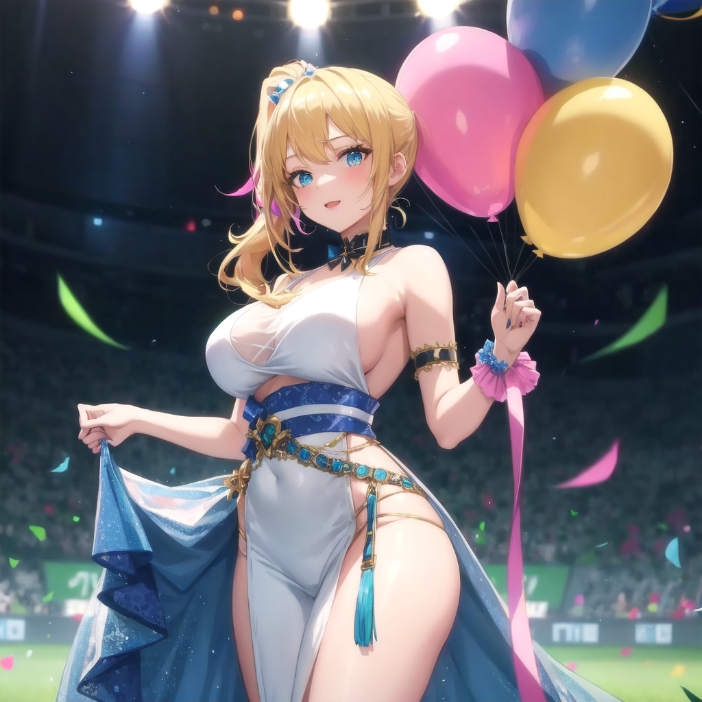 いっぱい色とりどりの風船を持つブロンドポニーテールのアイドル衣装着た美女