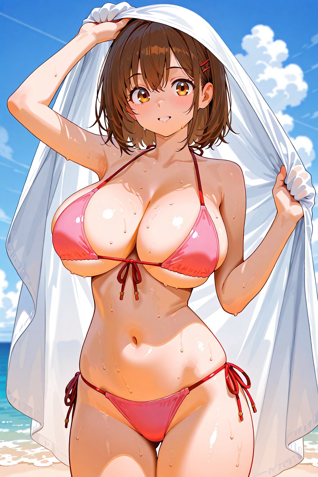 布面積の大きいビキニの水着娘