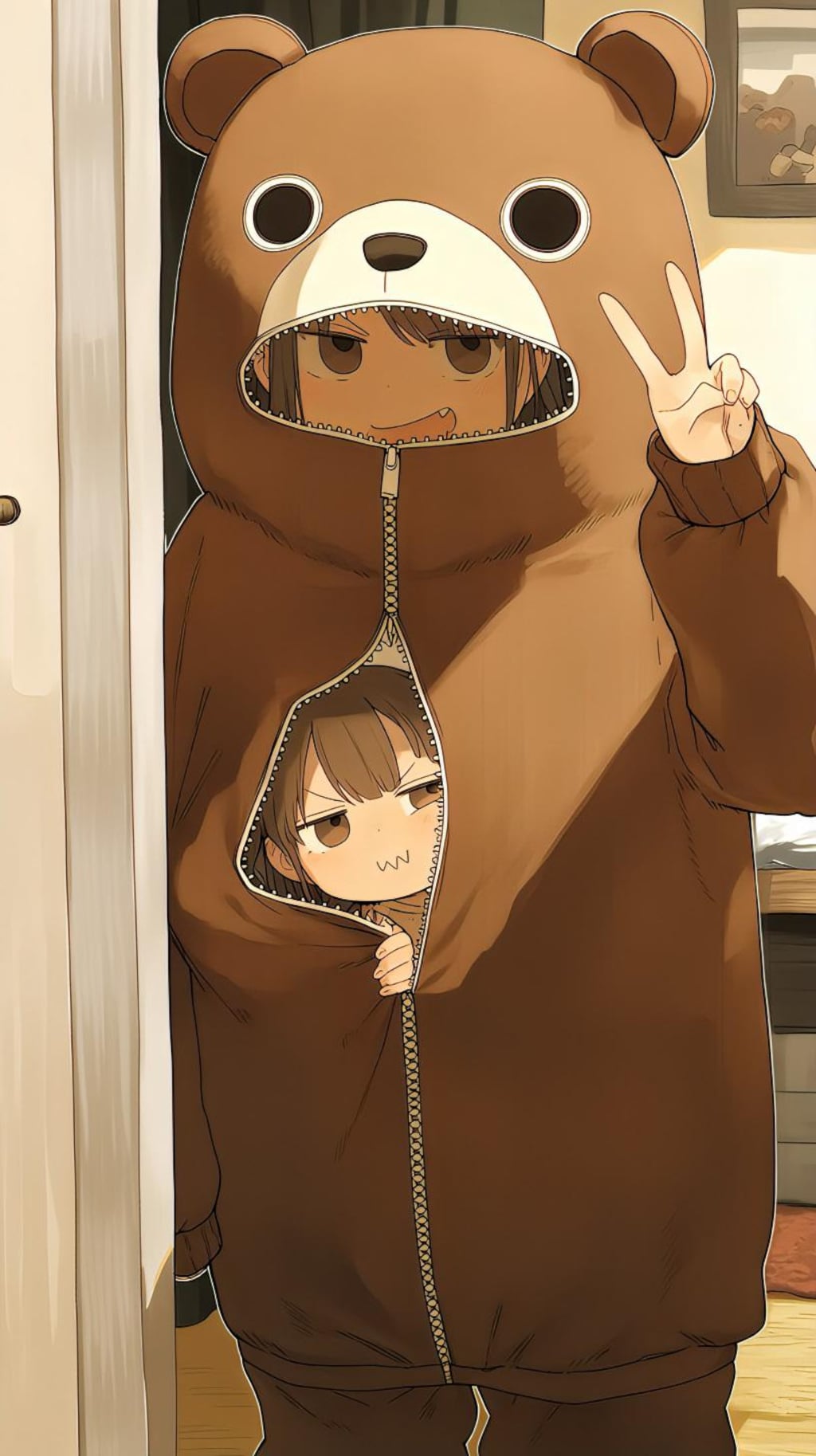 クマ着ぐるみとピースサイン