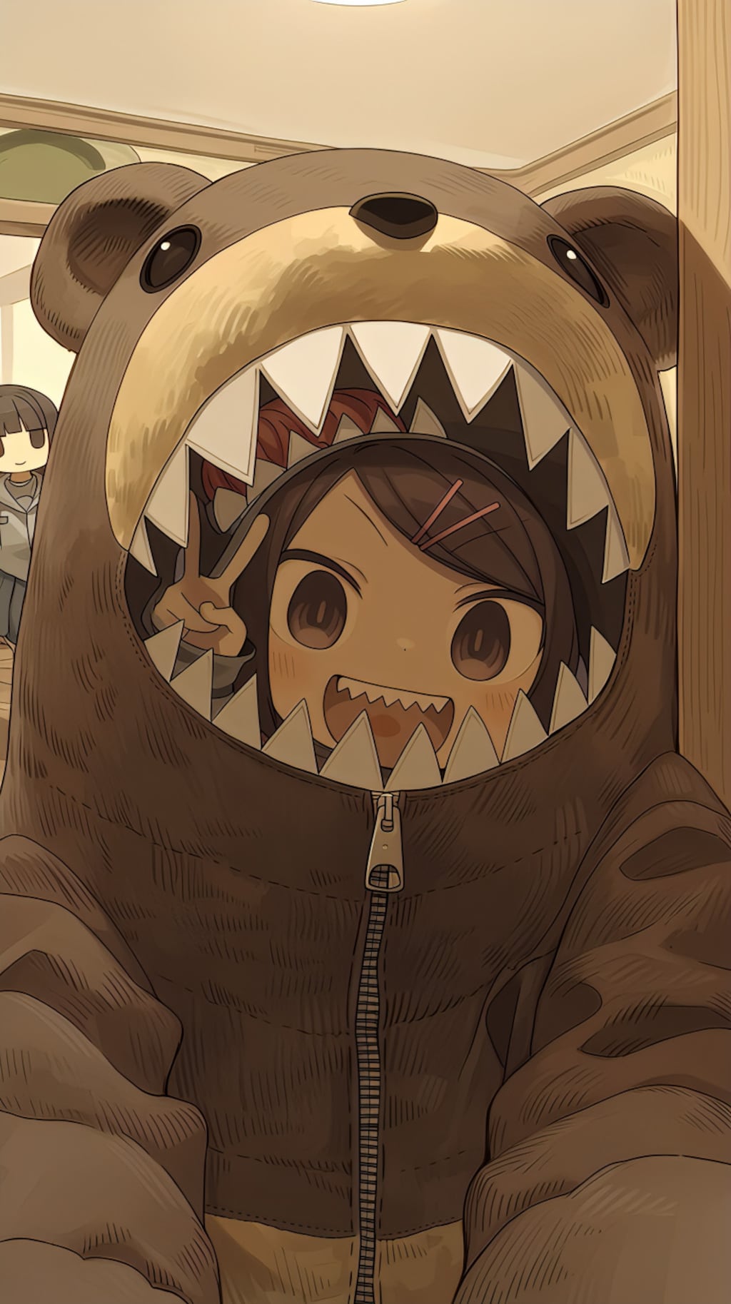 クマ着ぐるみとピースサイン