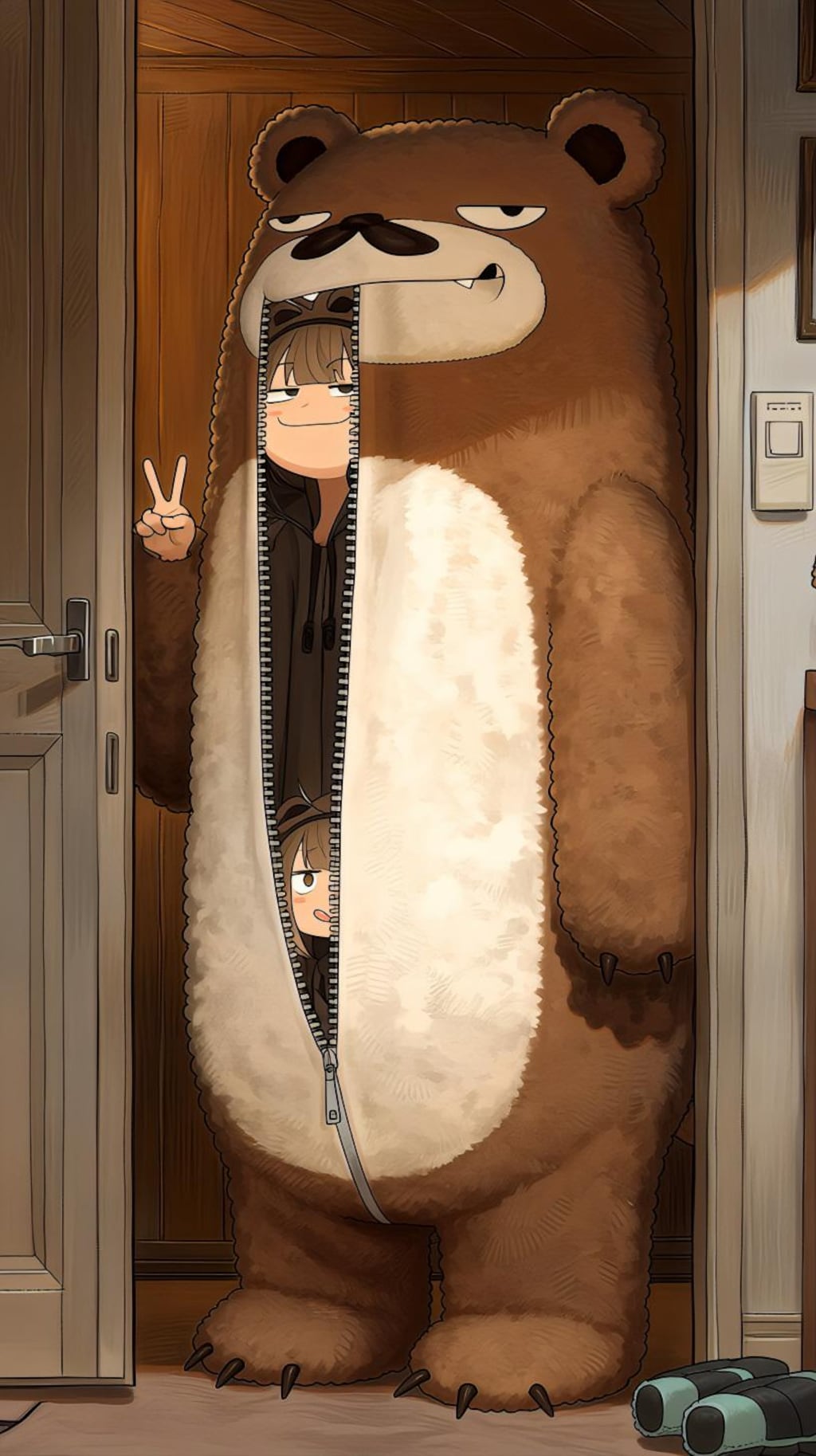 クマ着ぐるみとピースサイン