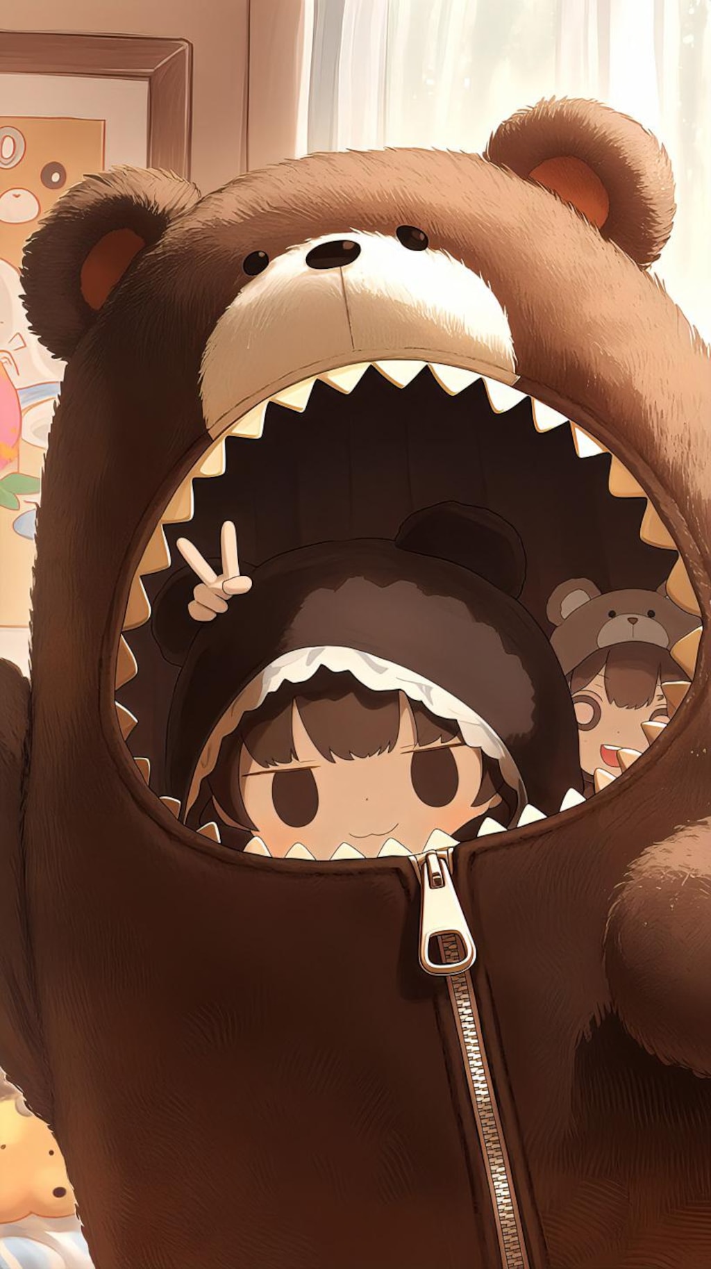 クマ着ぐるみとピースサイン