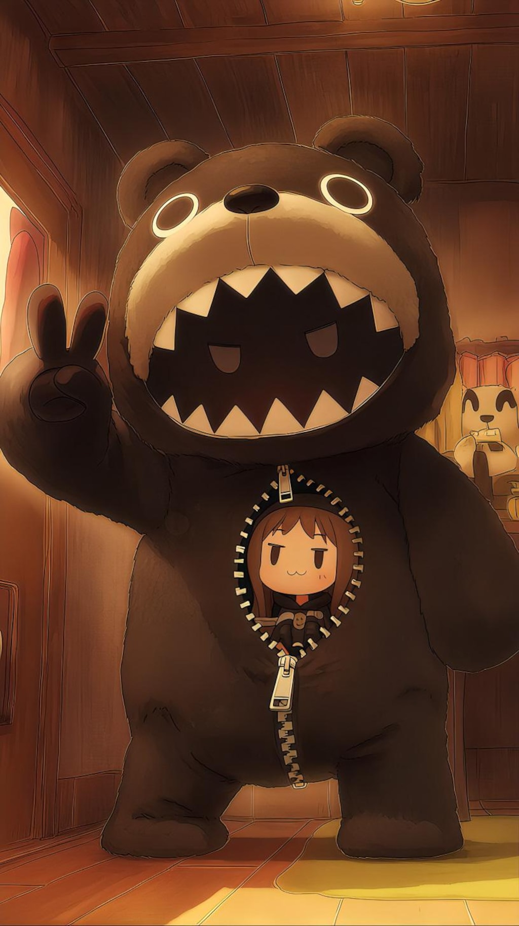 クマ着ぐるみとピースサイン