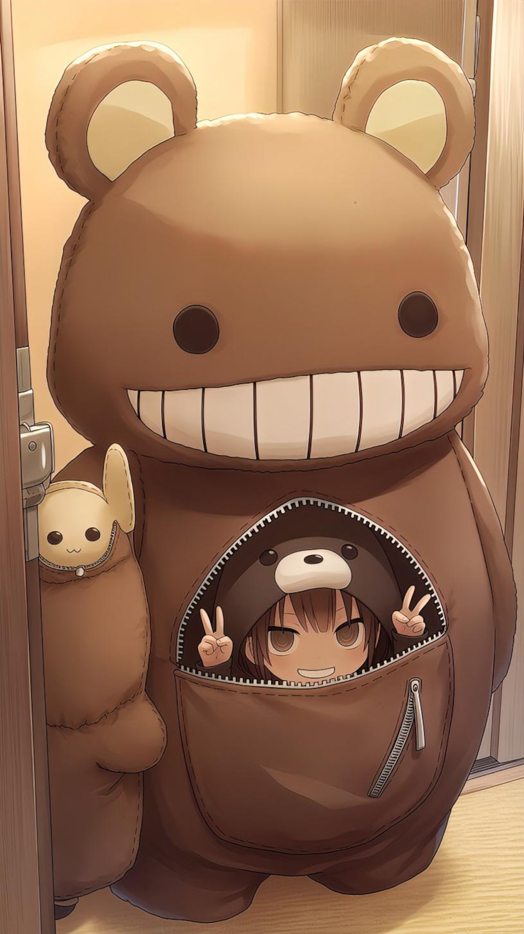 クマ着ぐるみとピースサイン