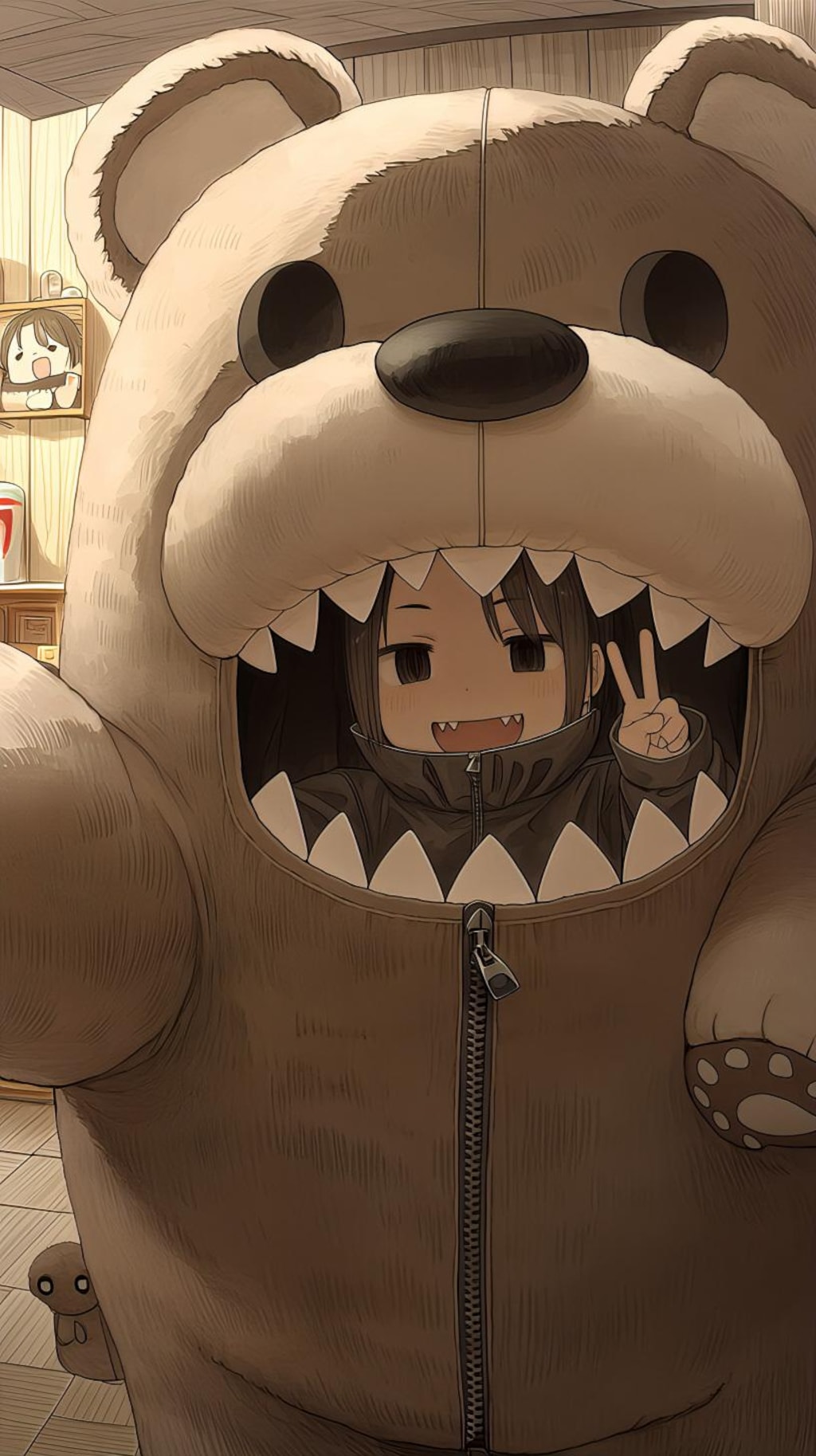 クマ着ぐるみとピースサイン