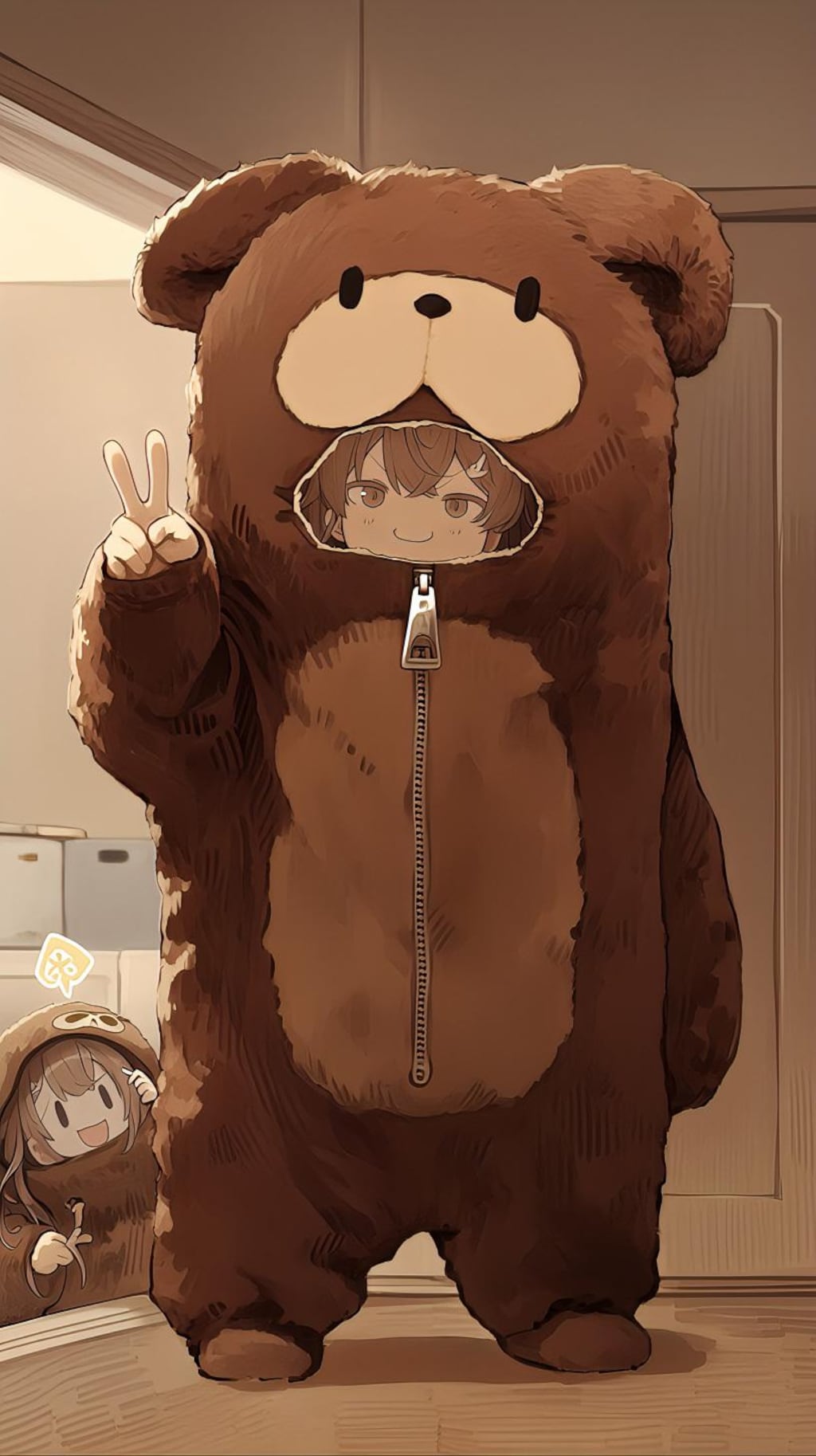 クマ着ぐるみとピースサイン
