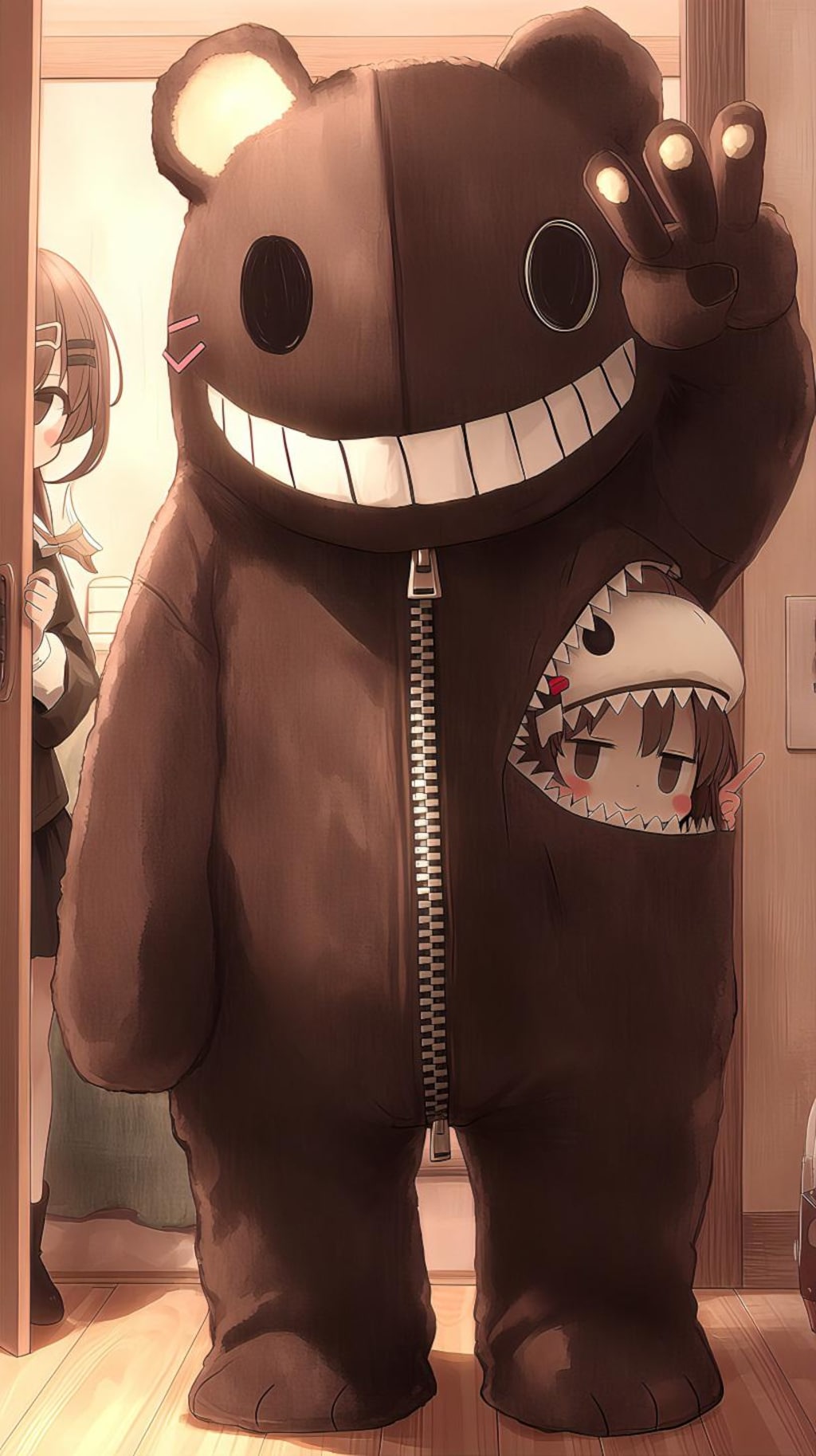 クマ着ぐるみとピースサイン