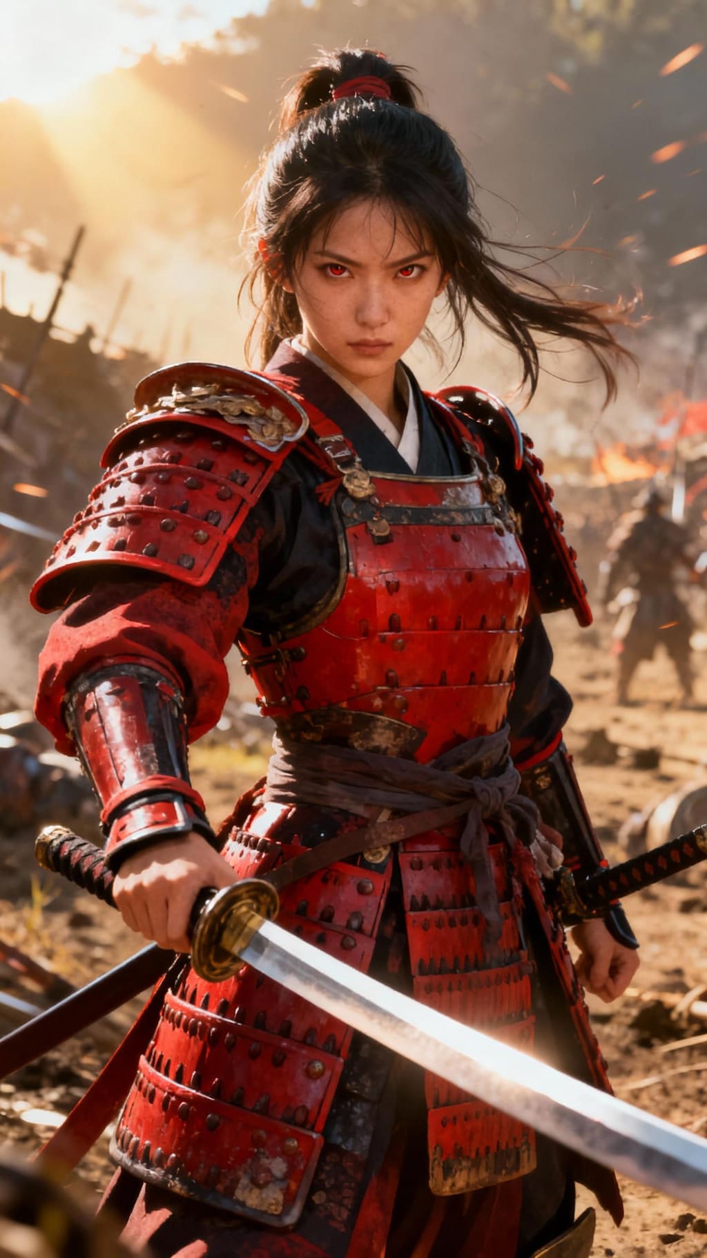 精悍で美しい姫武将(侍レディ)の立ち姿全身写真