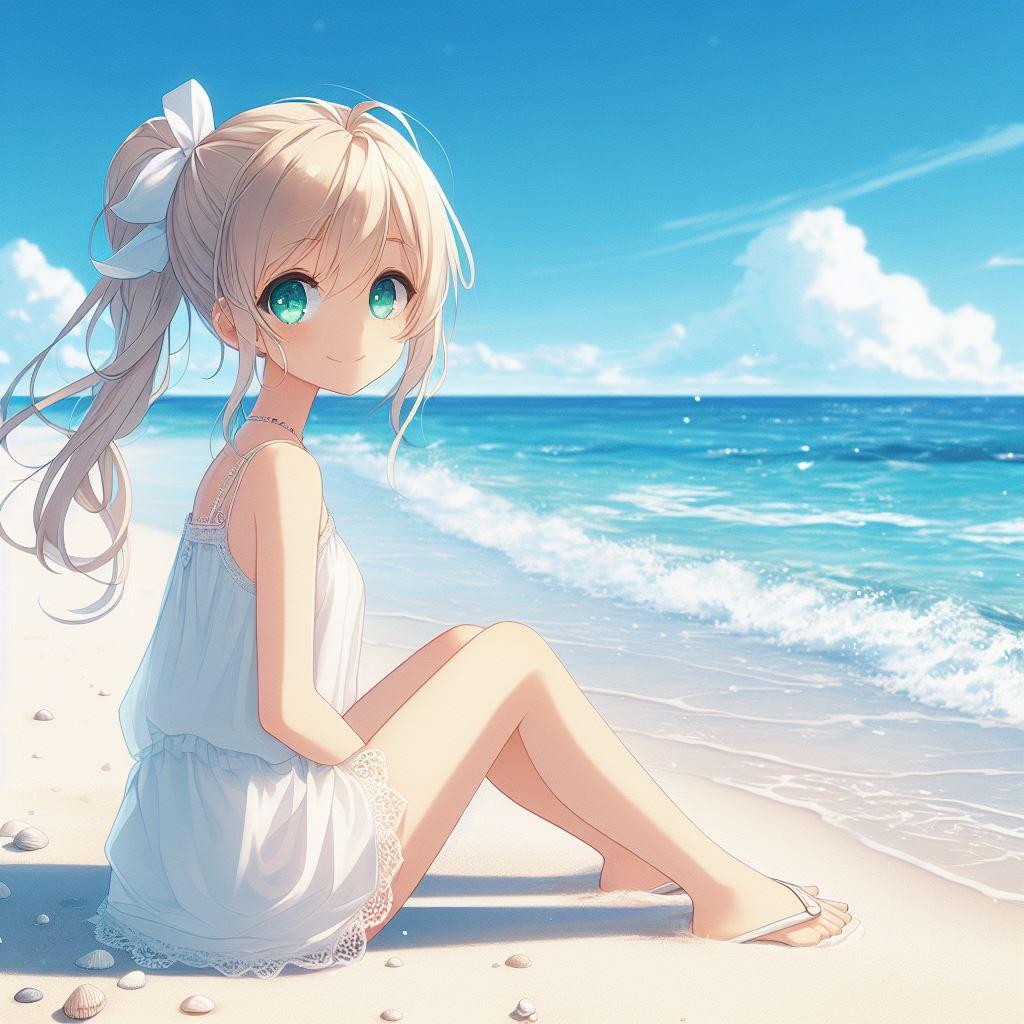 透き通るような海と金髪ポニテガール