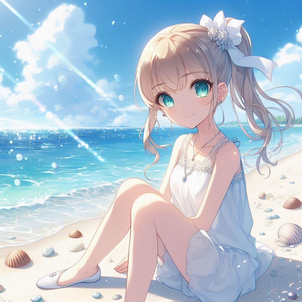 透き通るような海と金髪ポニテガール