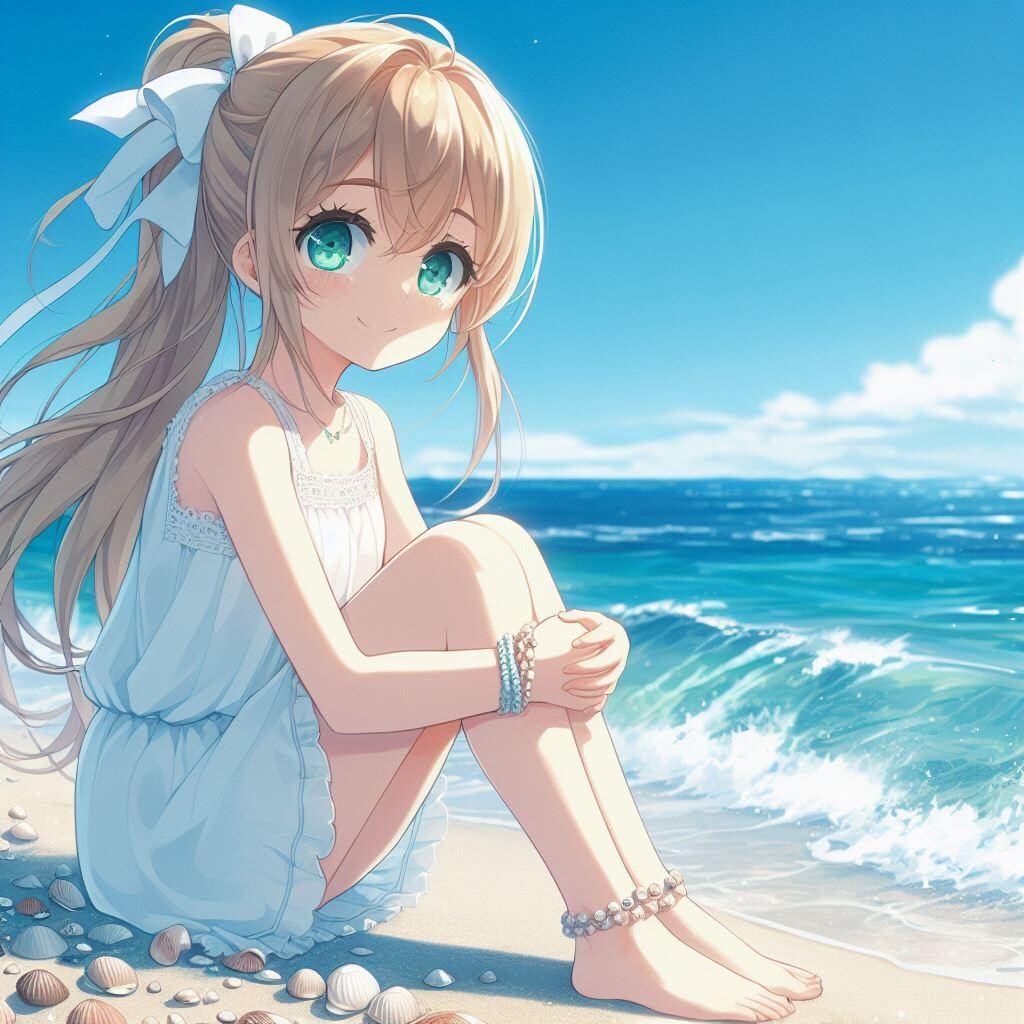 透き通るような海と金髪ポニテガール
