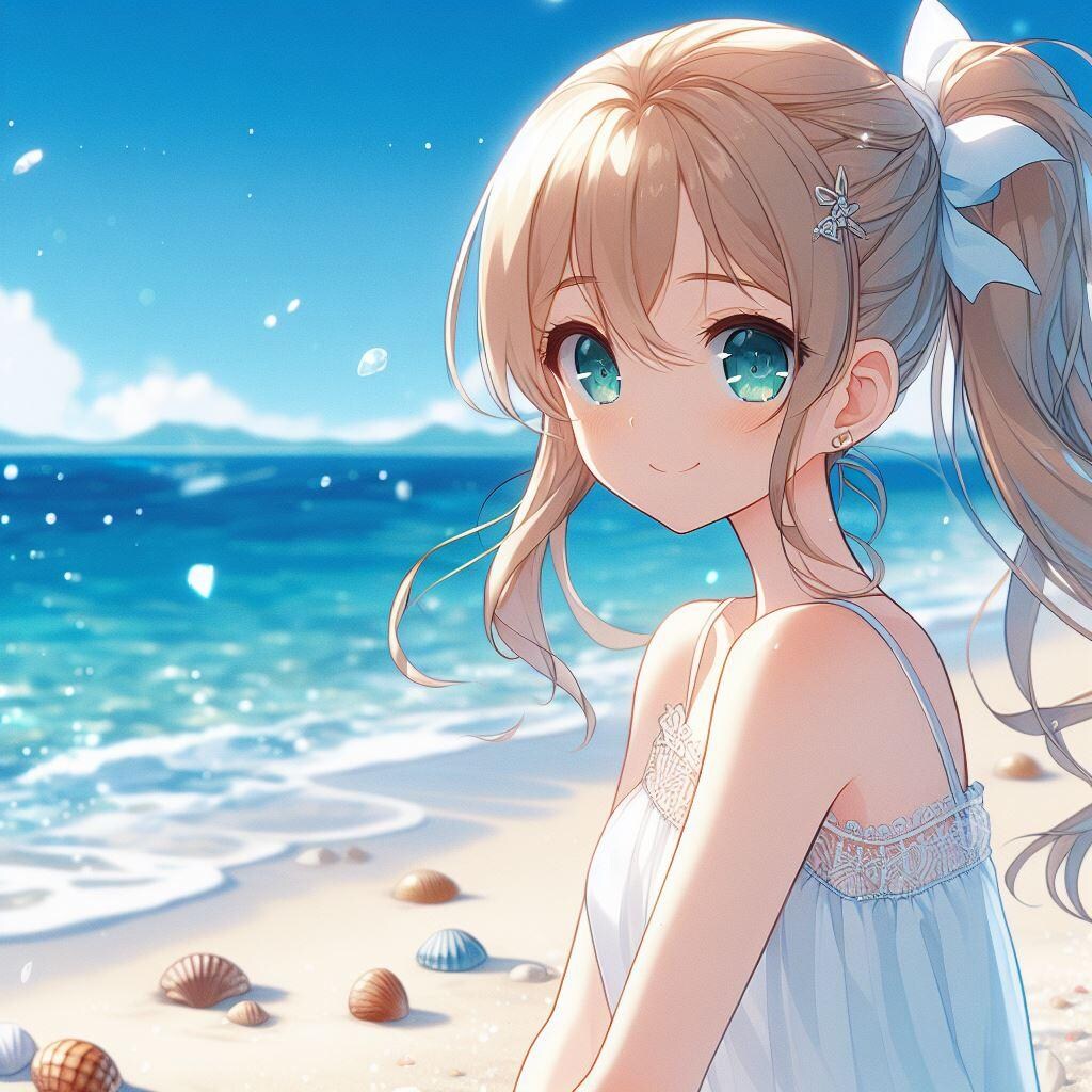 透き通るような海と金髪ポニテガール
