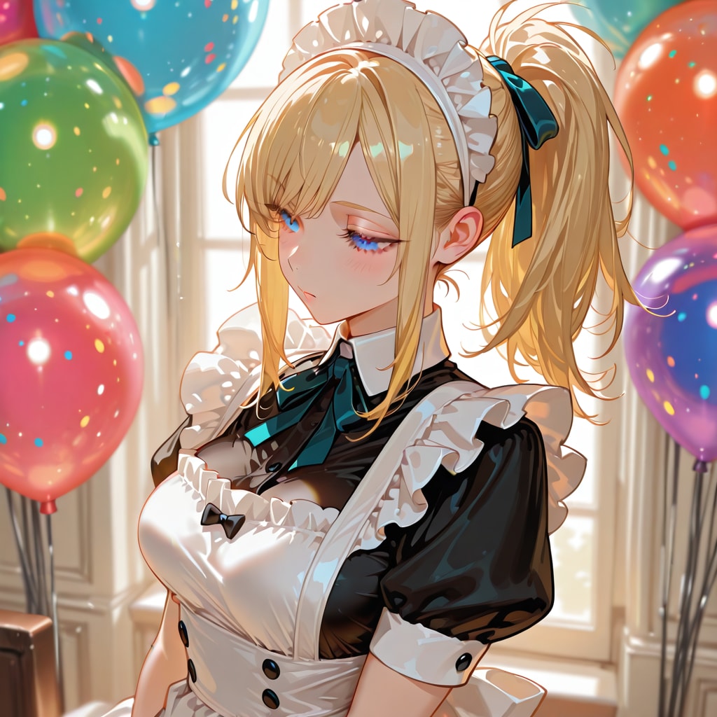 いっぱい色とりどりの風船を持つブロンドポニーテールのメイド服着た美女 | の人気AIイラスト・グラビア