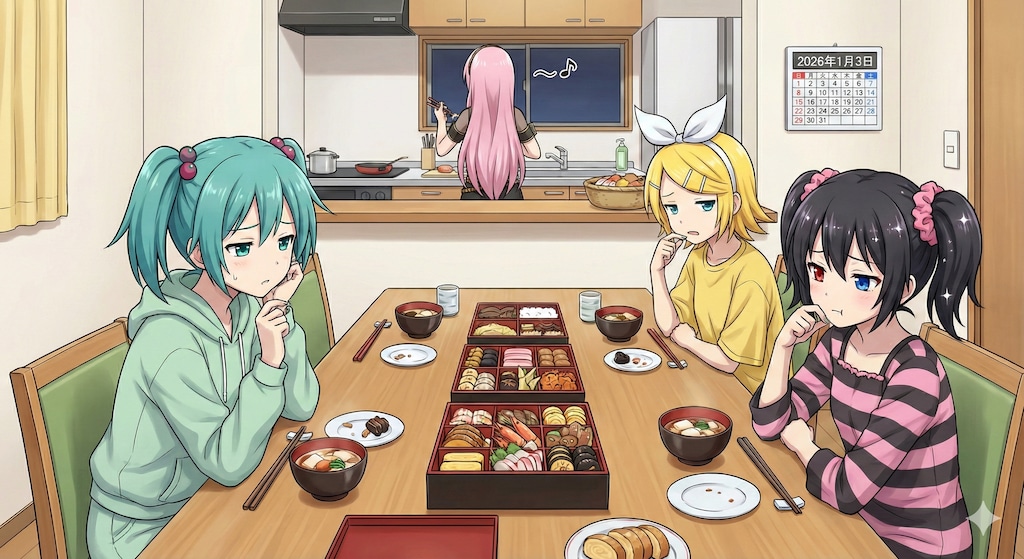おせち 飽きたと言い出せないミクさん達😅