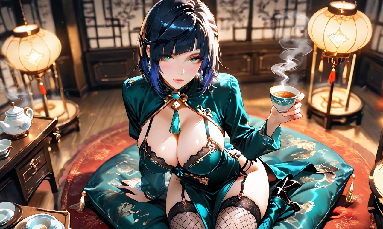 茶館の個室、旗袍美女のおもてなし