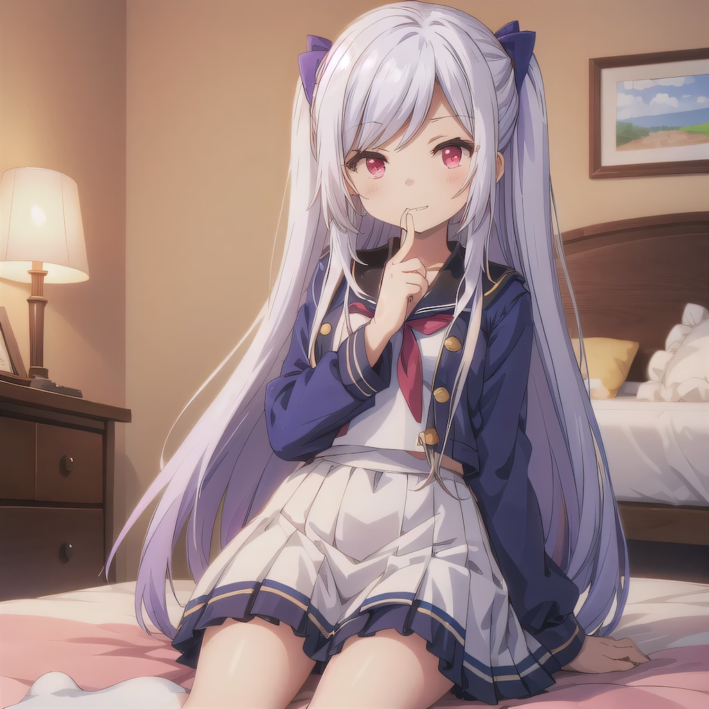 銀髪ツインテで寝室の少女