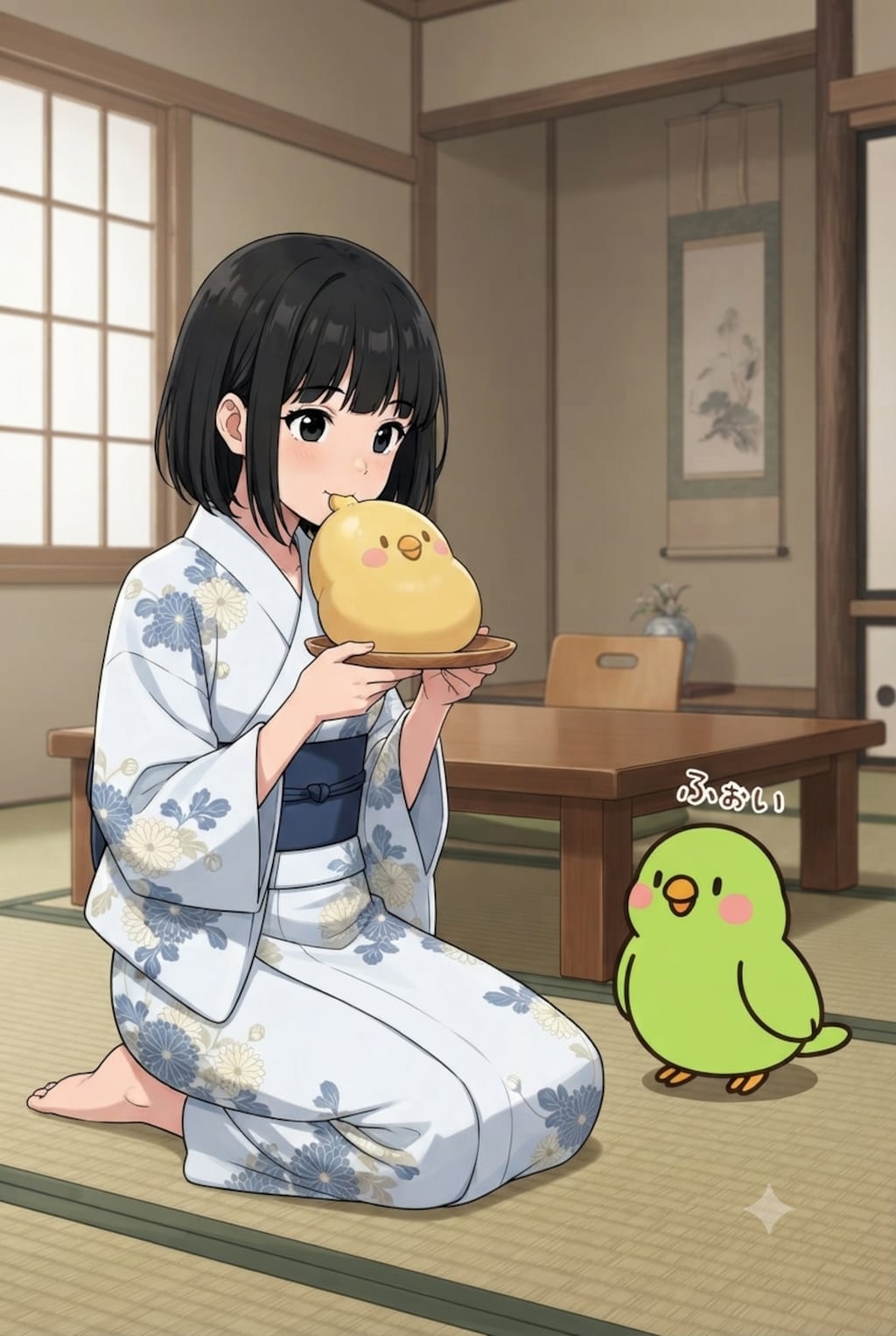 ふろちゃんとゆけむりちゃんとインコ