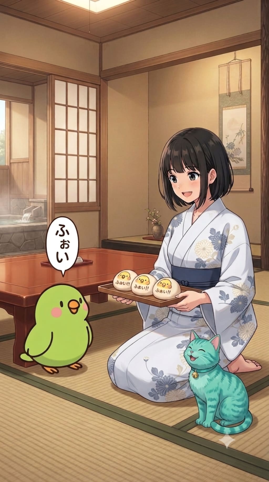ふろちゃんとゆけむりちゃんとインコ