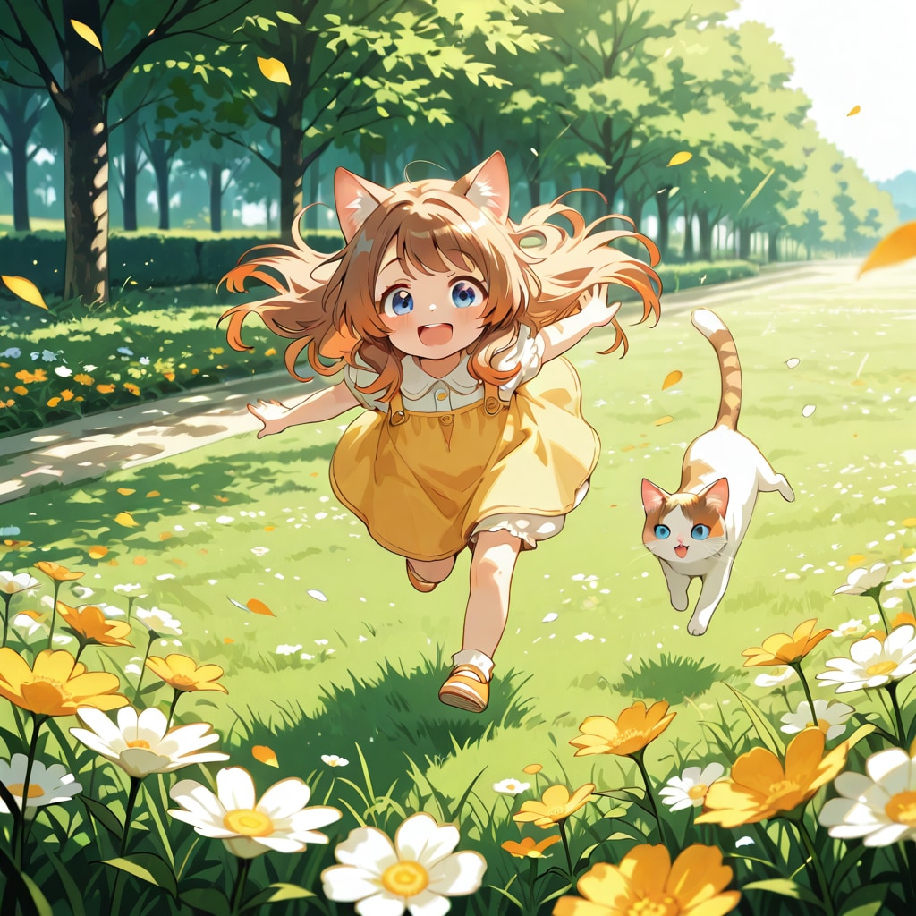 猫と走り回る小さな女の子