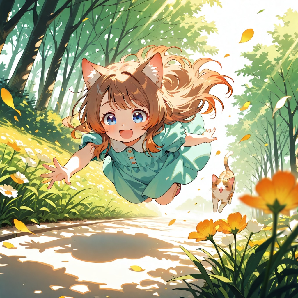 猫と走り回る小さな女の子