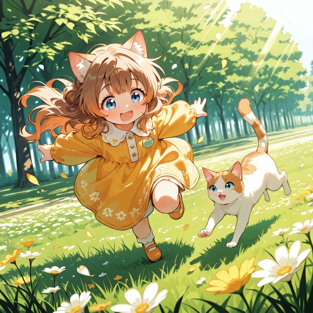 猫と走り回る小さな女の子 | の人気AIイラスト・グラビア