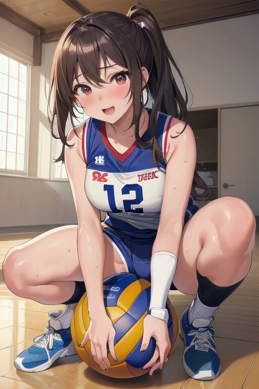バレーボールに跨がるバレー女子