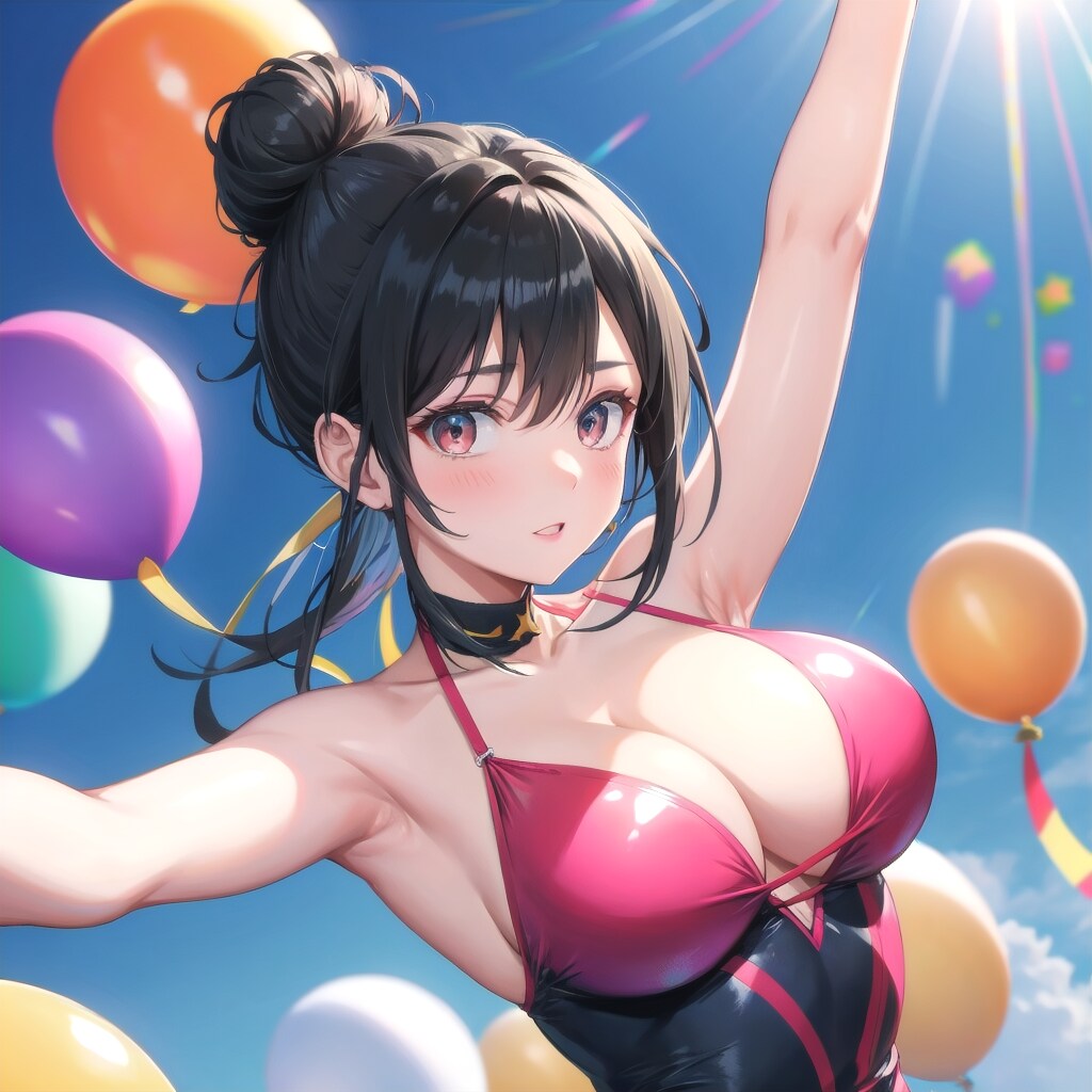 いっぱい風船を持つ黒髪お団子ヘアのフィギュアスケート選手の美女