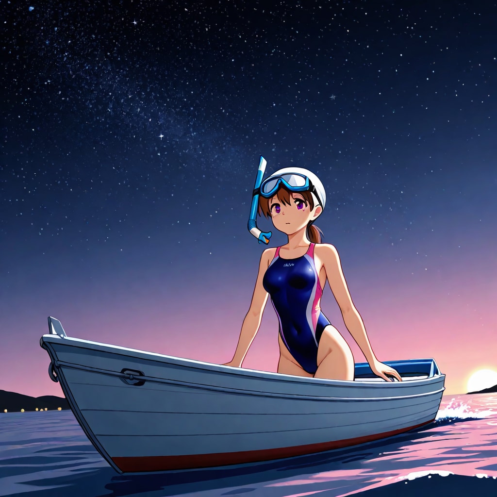 星空の下で船を出す競泳水着の少女