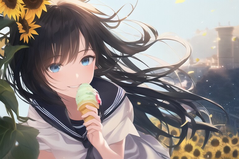 ひまわり畑でアイス