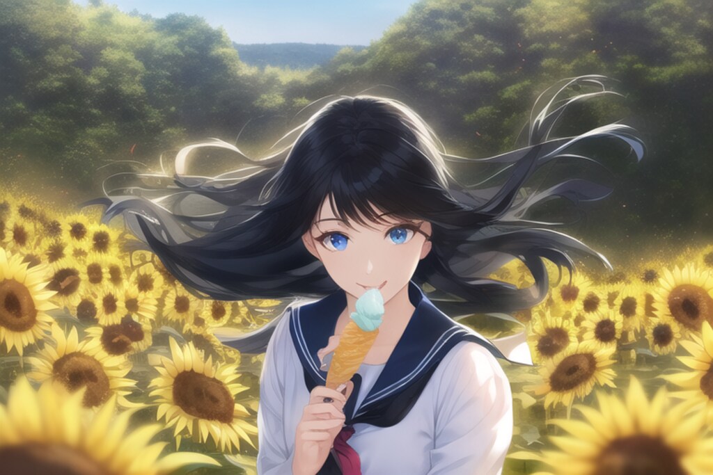 ひまわり畑でアイス