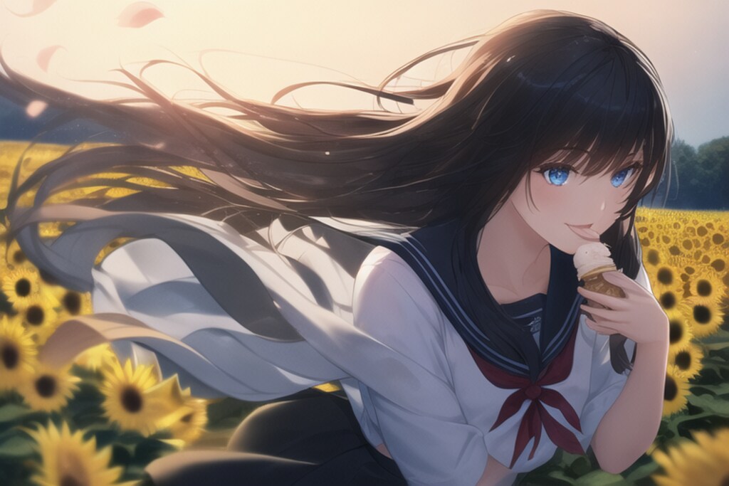 ひまわり畑でアイス