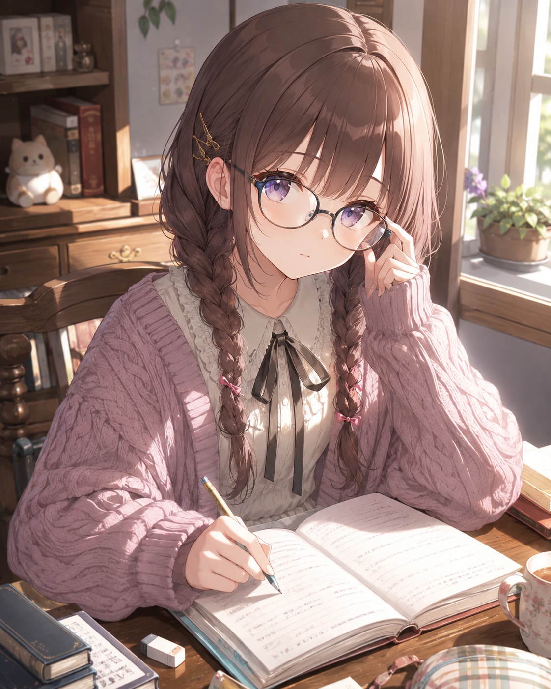 眼鏡三つ編み、勉強中