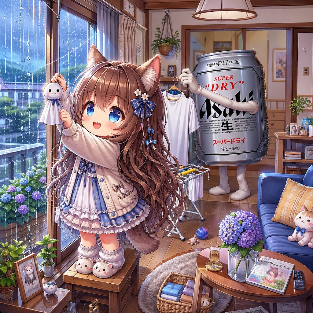 てるてる坊主を吊るす小さな女の子