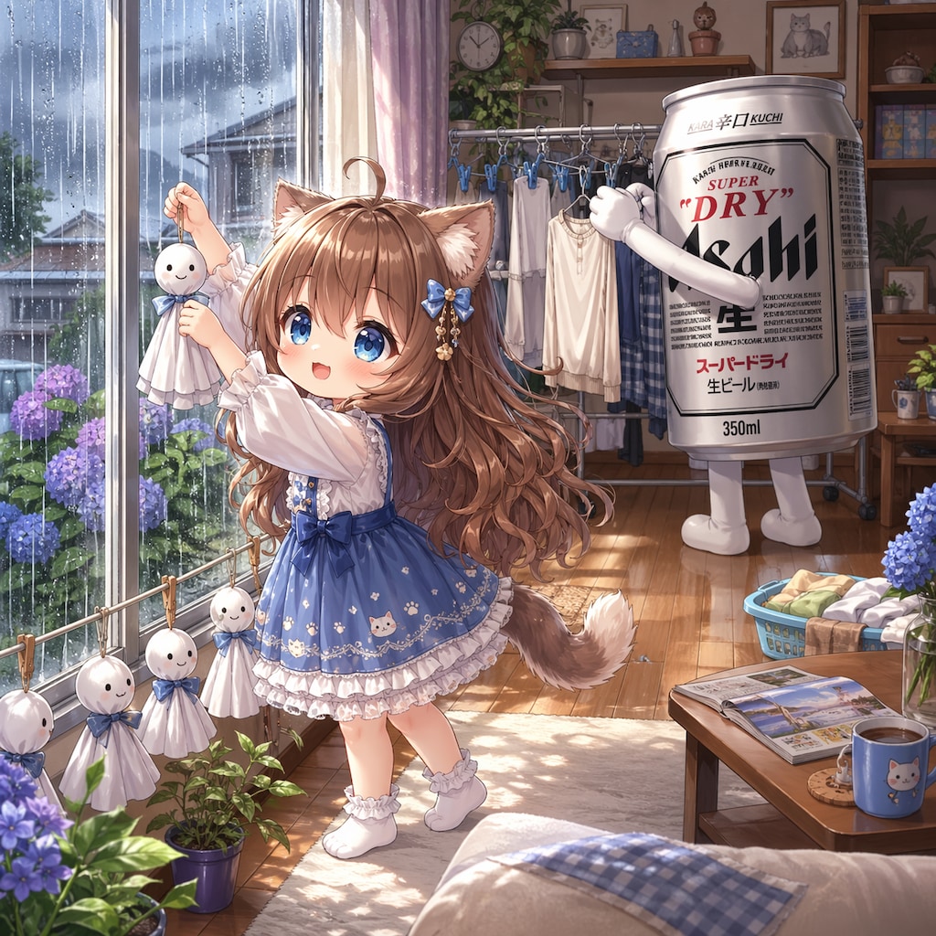 てるてる坊主を吊るす小さな女の子