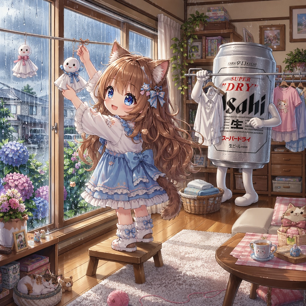 てるてる坊主を吊るす小さな女の子