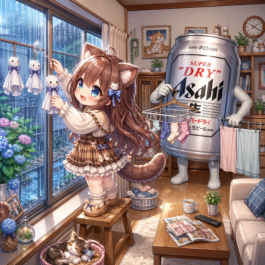 てるてる坊主を吊るす小さな女の子