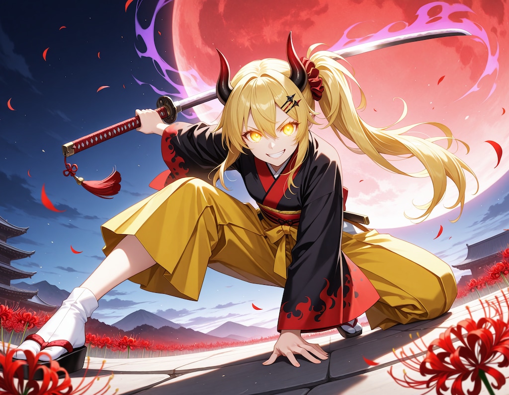 赤い月と刀と女鬼高生さん