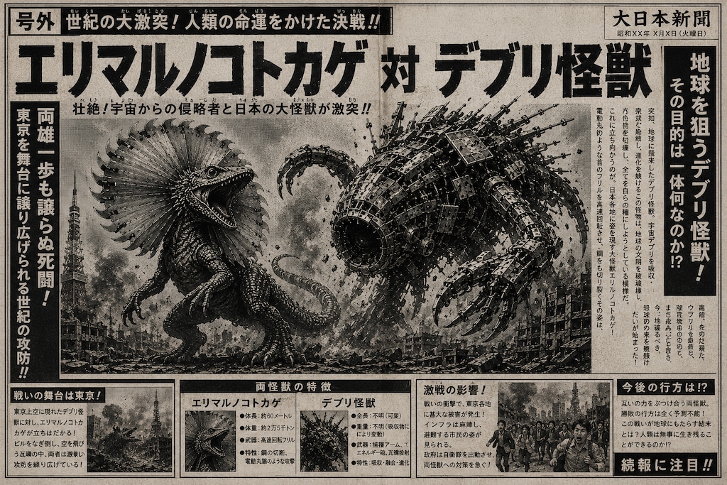 エリマルノコトカゲVSデブリ怪獣