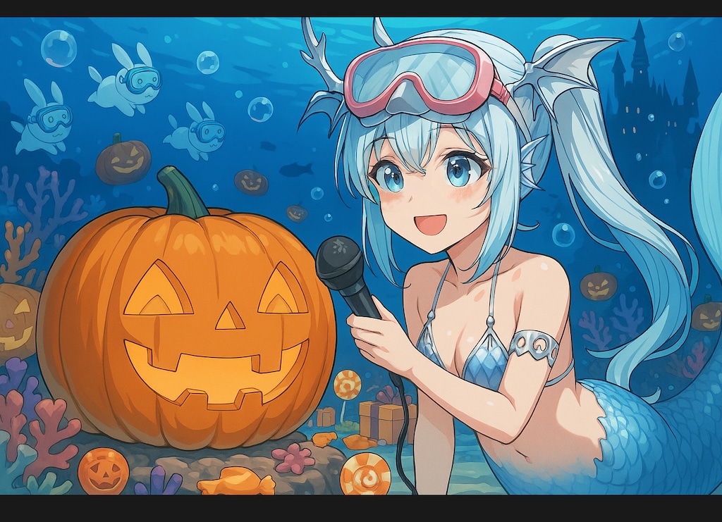 カボチャランタンにインタビューするマーメイド成分90%ドラゴン系10%くらいのモンスター系女子