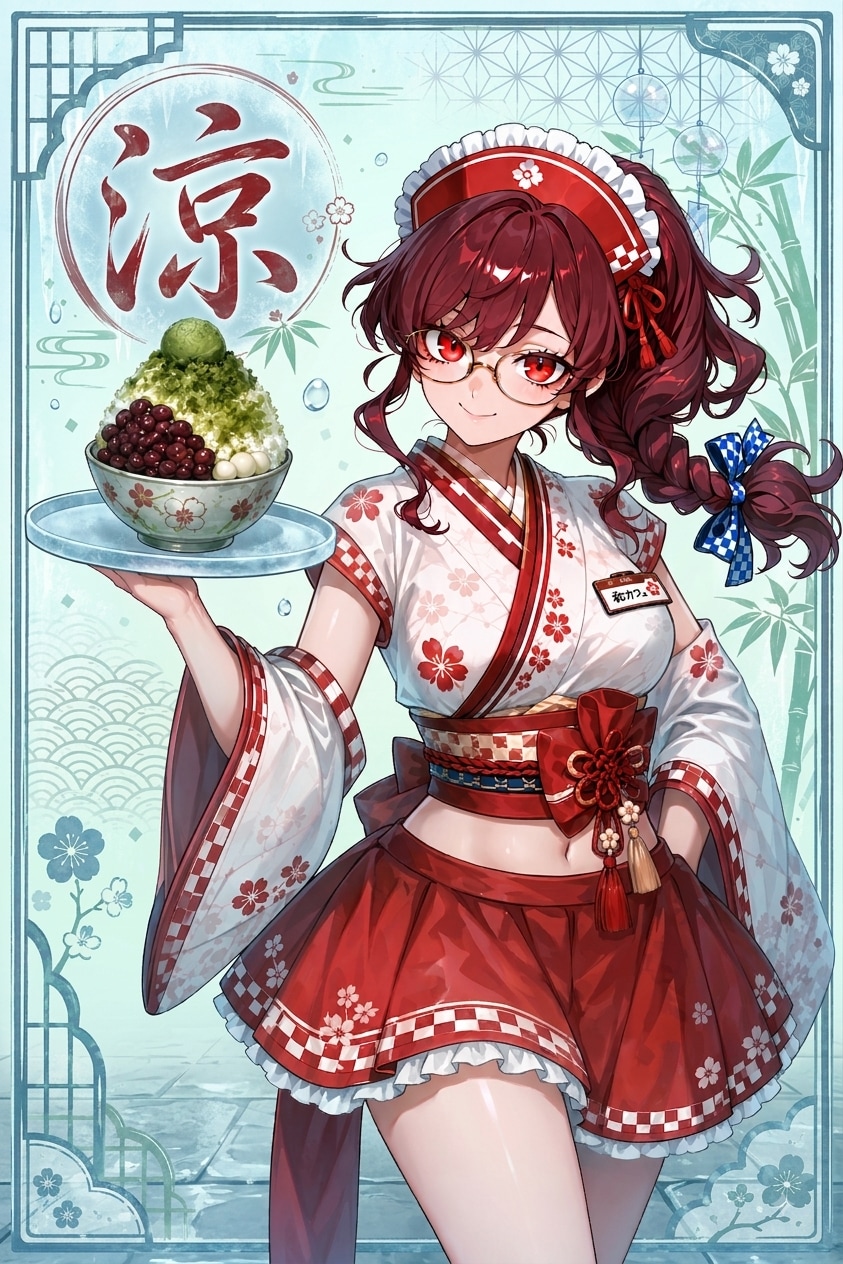 眼鏡三つ編みと抹茶小豆かき氷