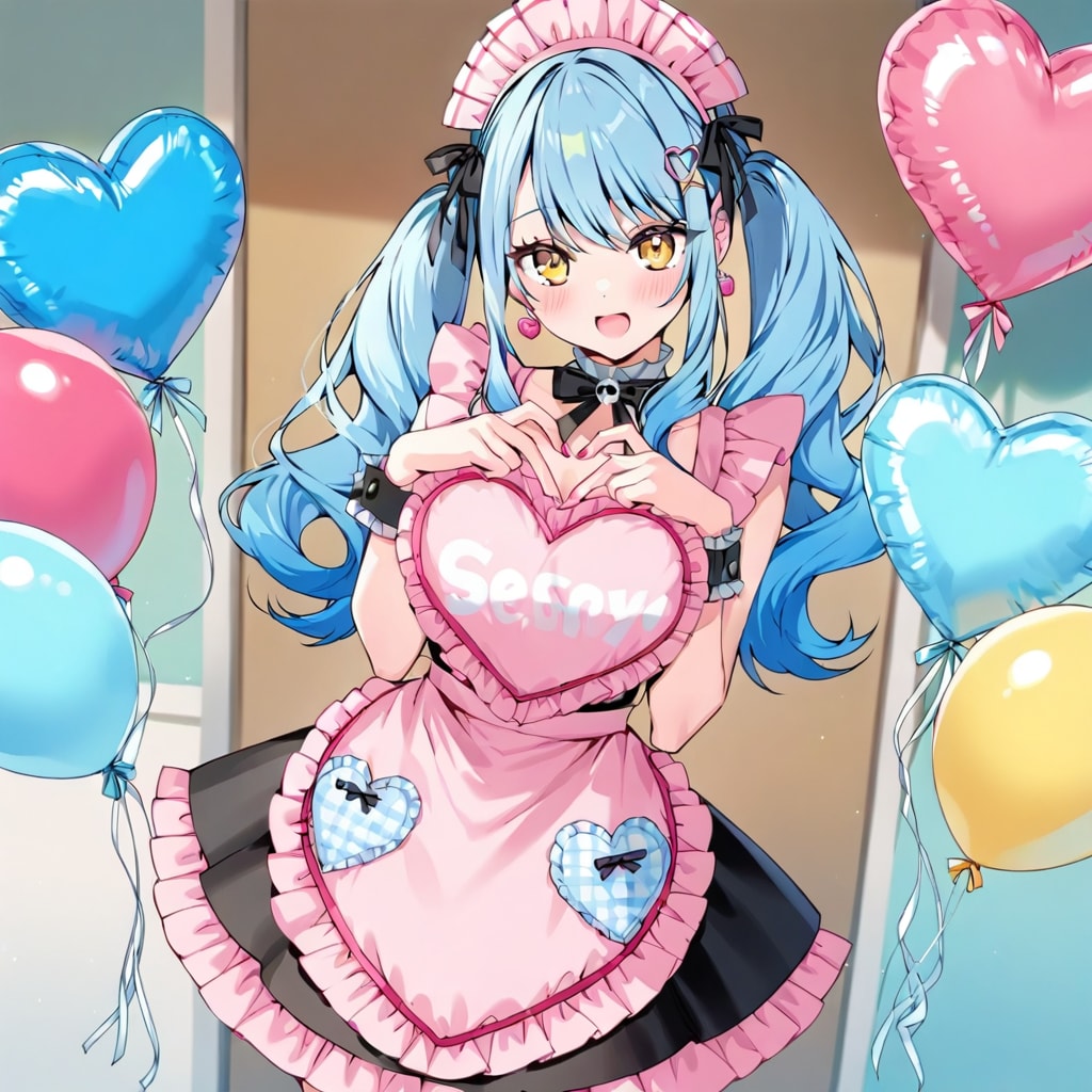 いっぱい色とりどり風船を持つ青い髪ツインテールのピンクのエプロン付けた美女
