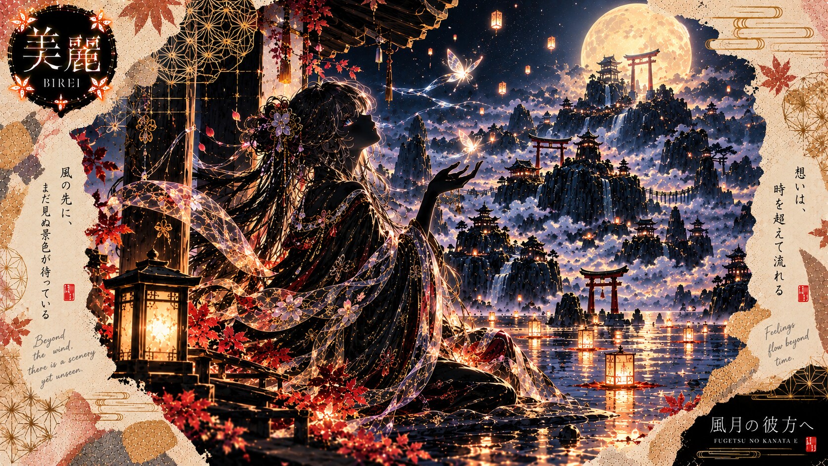 A moonlit reach toward a firefly beneath a harvest moon, over mountains strung with lantern light. | の人気AIイラスト・グラビア