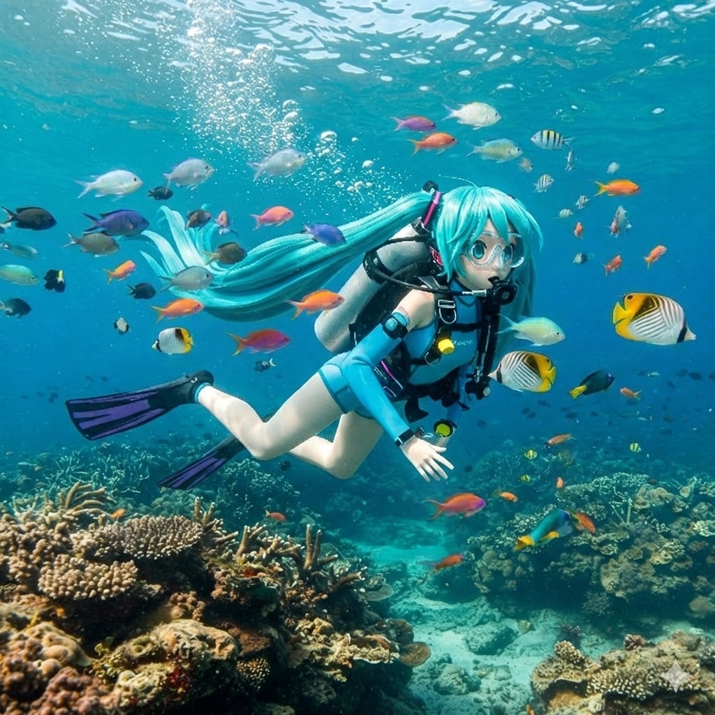 スキューバダイビングするミクさん