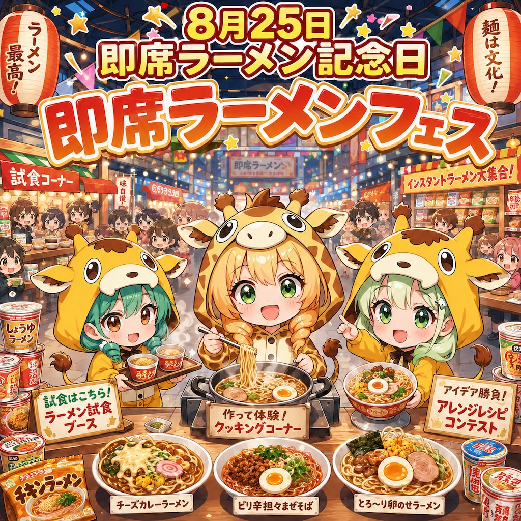 ラーメンを食べるキリン着ぐるみちび子ちゃん