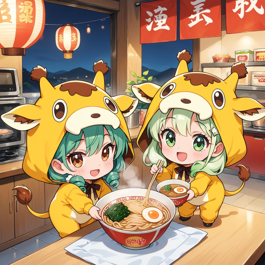 ラーメンを食べるキリン着ぐるみちび子ちゃん | の人気AIイラスト・グラビア